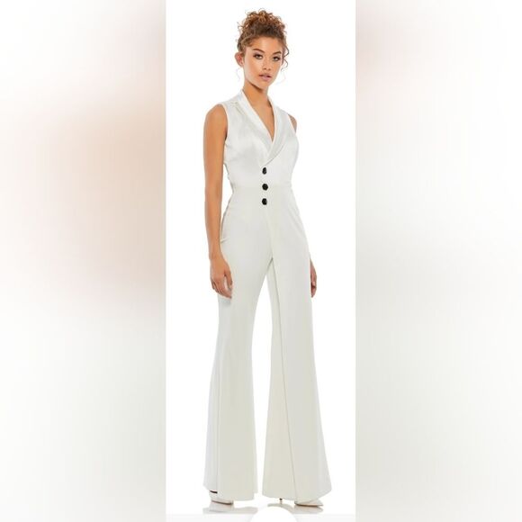 Mac Duggal 26603 Collar Neck Single Breasted Formal Jumpsuit NWT Size 0 White - Picture 1 of 5